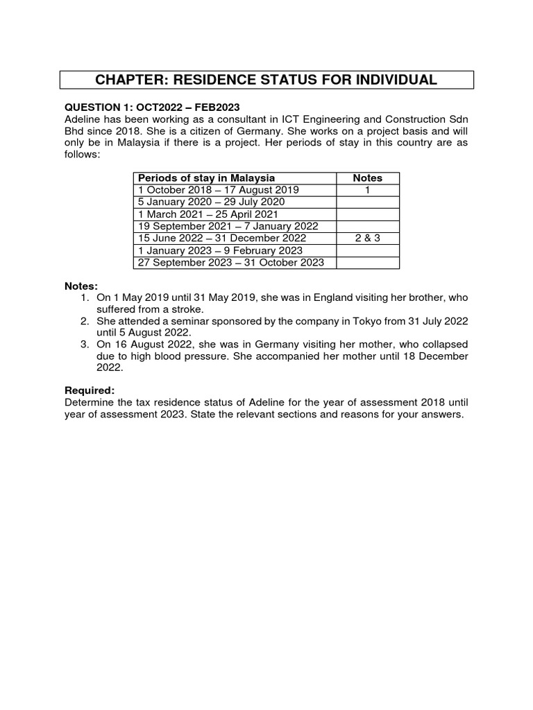 Tutorial Q - Residence Status - Feb2024 | PDF | Payments | Taxation