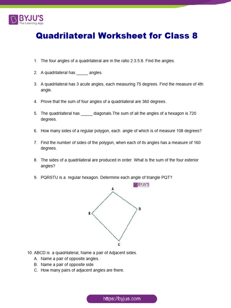 Quadrilateral Worksheet For Class 8 | PDF