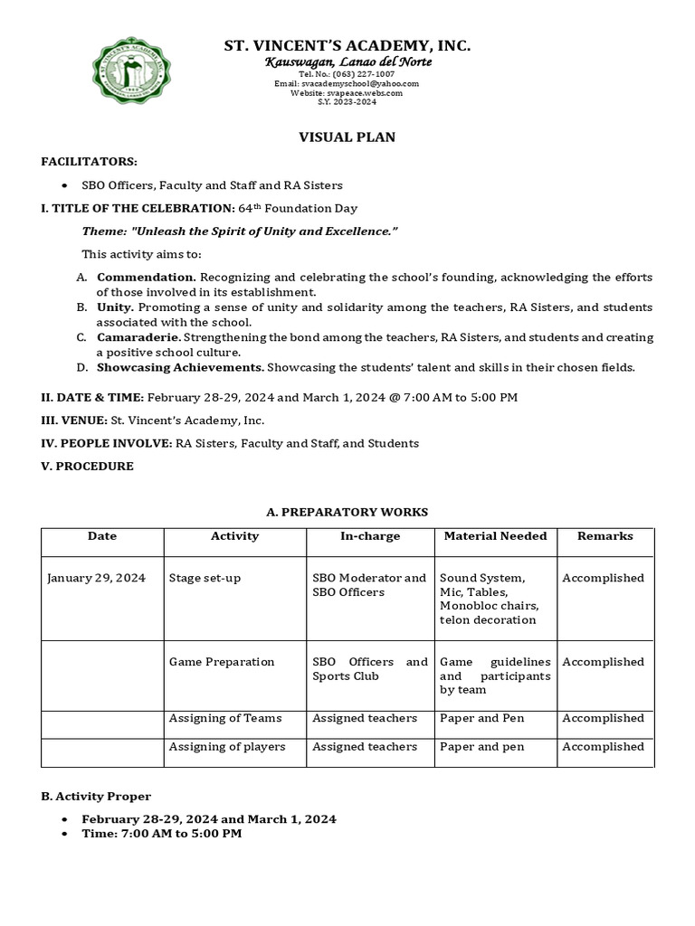 64TH Foundation Day Visual Plan | PDF | Sports