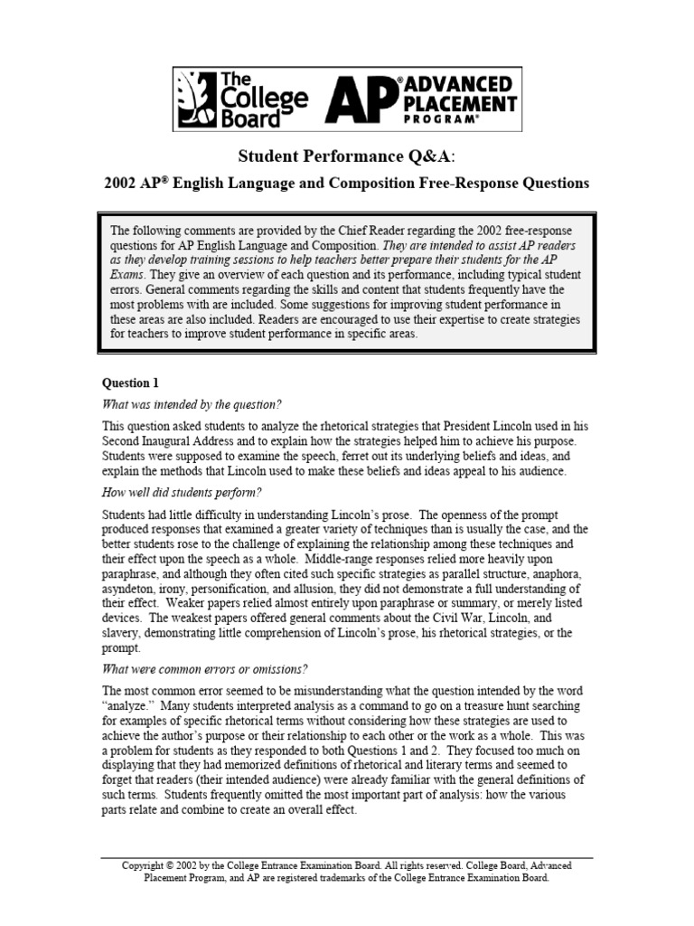 2002 AP English Language FRQ Analysis | PDF | Rhetoric | Advanced Placement