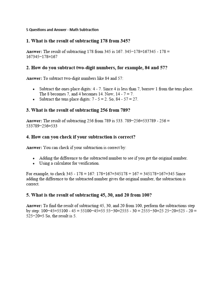 5 Questions And Answer Math Subtraction PDF