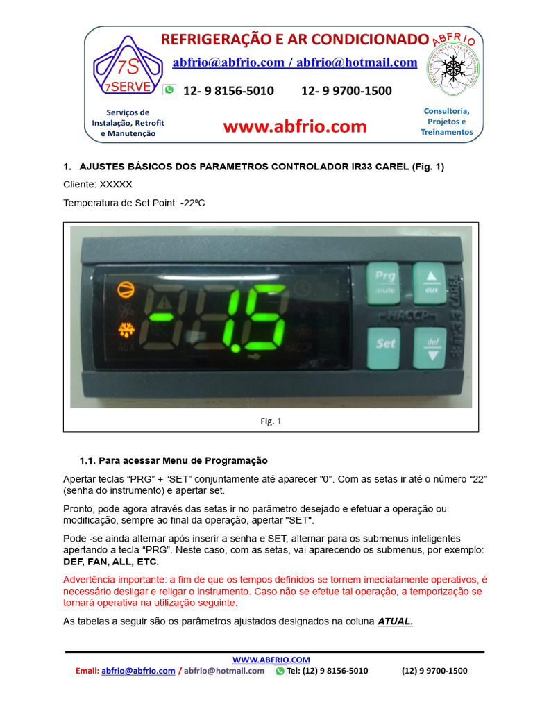 Ajustes do Controlador IR33 Carel | PDF | Temperatura | Refrigeração