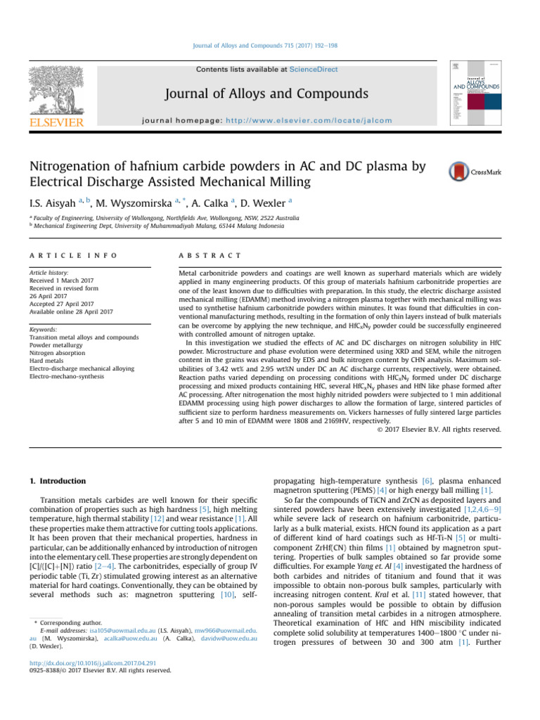 Nitrogenation of Hafnium Carbide Powders in AC and DC Plasma by ...