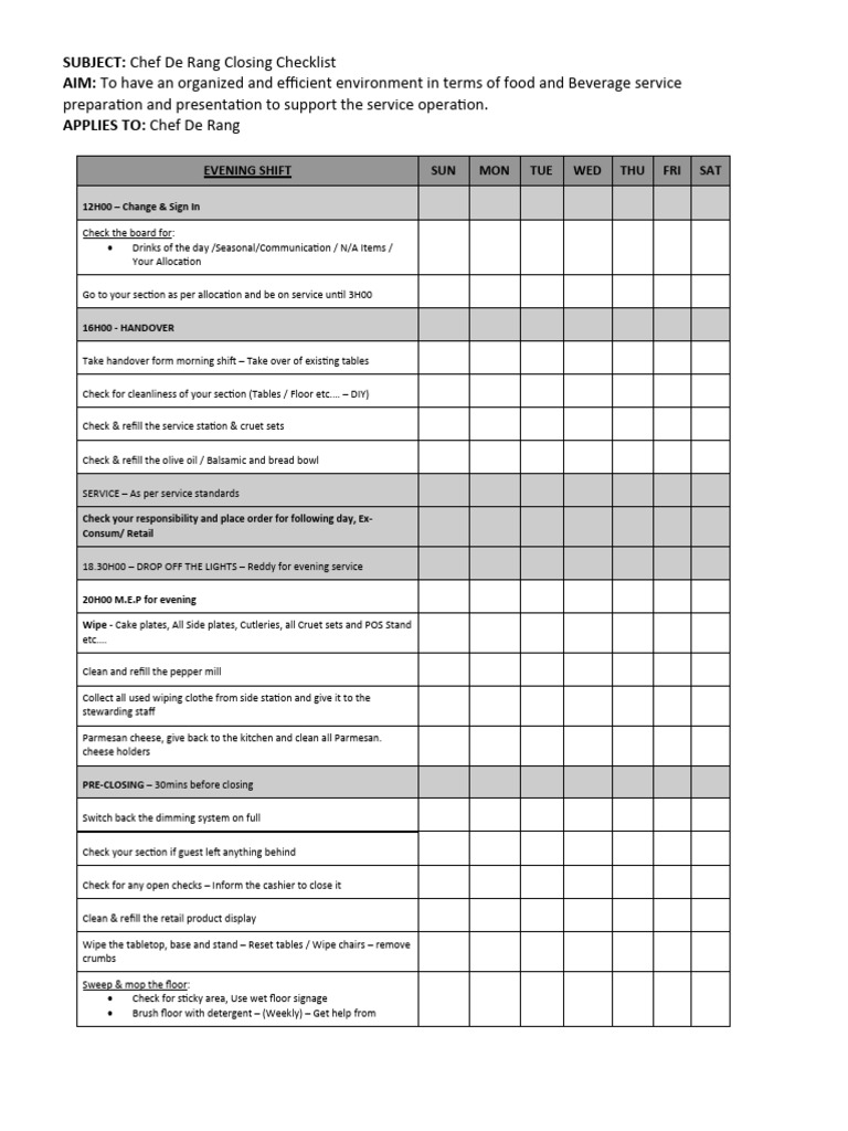 Chef De Rang Closing Checklist (AHH) 12.31.04 PM | PDF