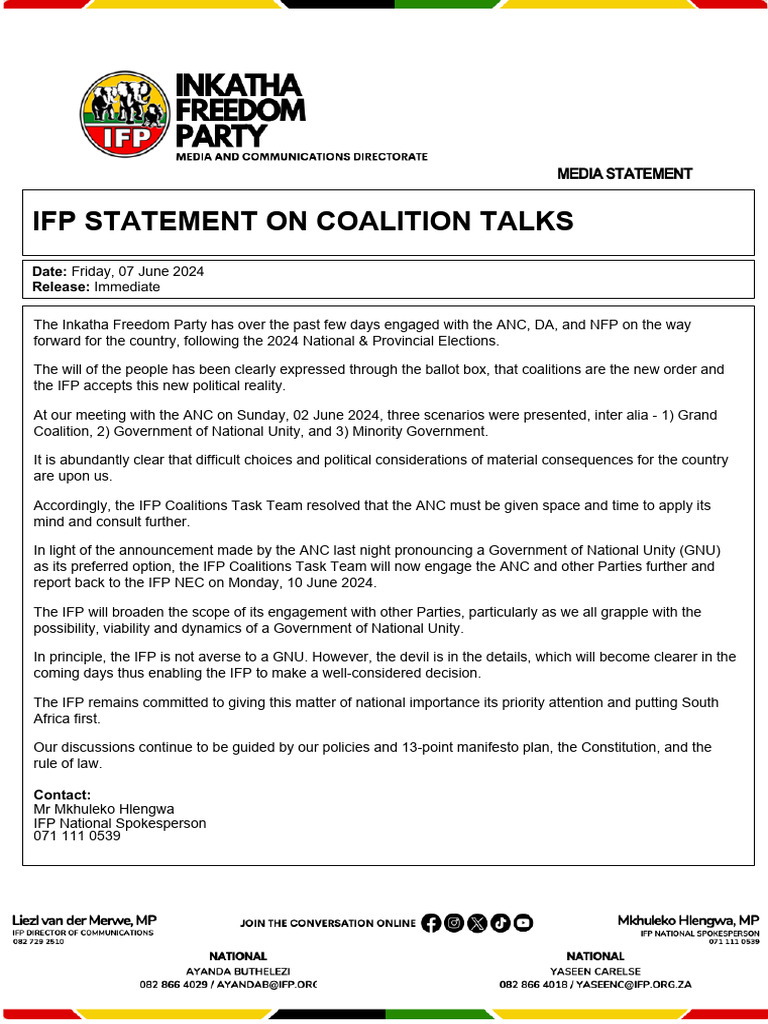 IFP Statement on Coalition Talks 2024 | PDF | Politics | Social Science