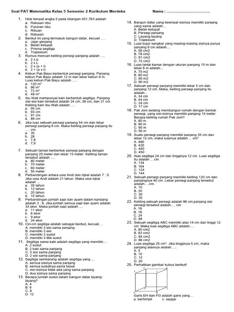 Soal Matematika Kelas 5 Semester 2 Kurikulum Merdeka Lengkap dengan Pembahasan