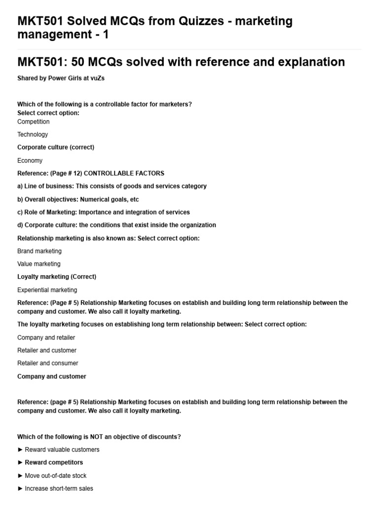 Mkt501 Solved Mcqs From Quizzes Marketing Management 1 Pdf