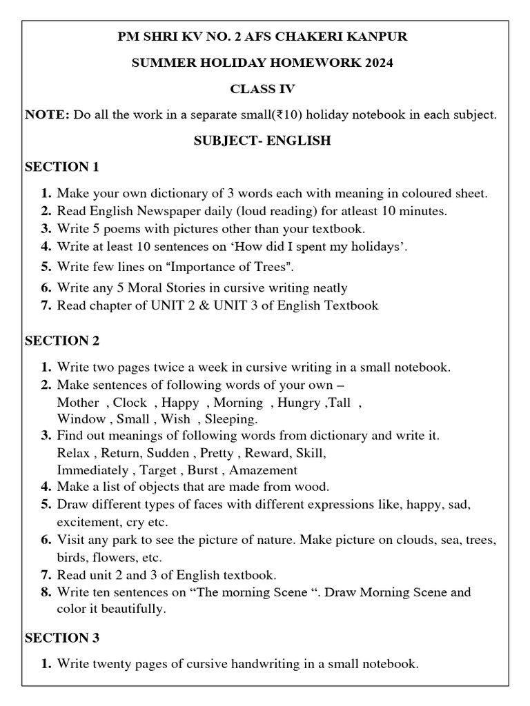Class 4 Summer Vacation Homework 2024 | PDF | Home & Garden
