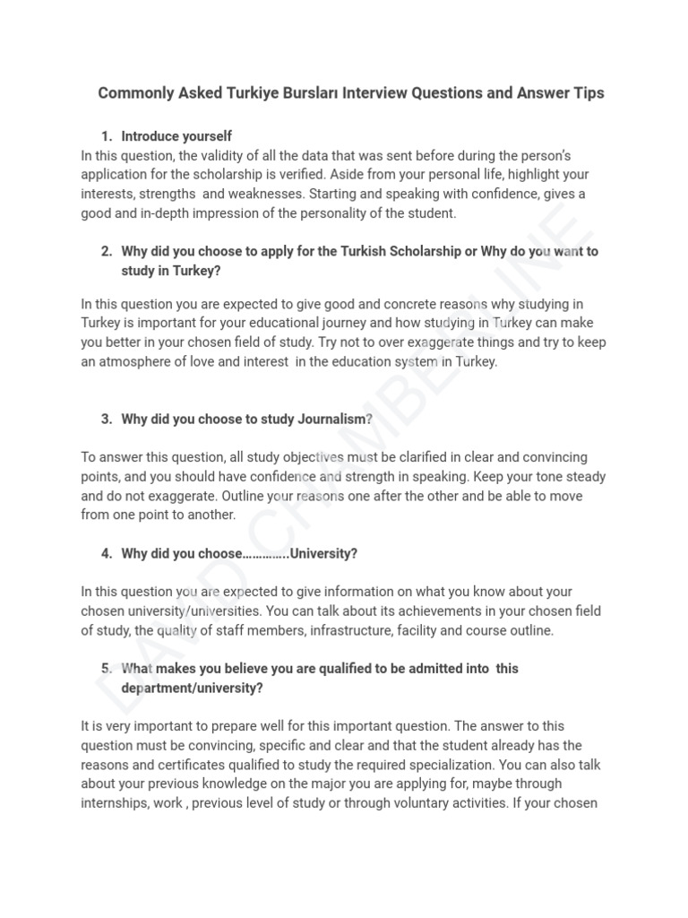 Commonly asked turkiye burslar interview questions and answer tips pdf