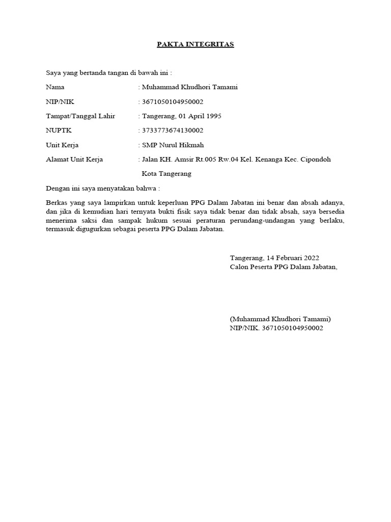 Pakta Integritas Ppg 2022 Pdf