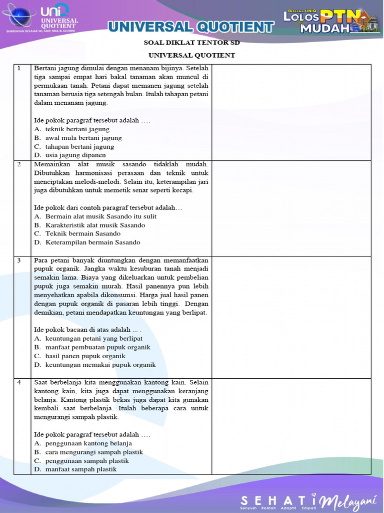 Soal Diklat Tentor SD: Pemahaman Materi | PDF | Kajian Bahasa Asing | Seni