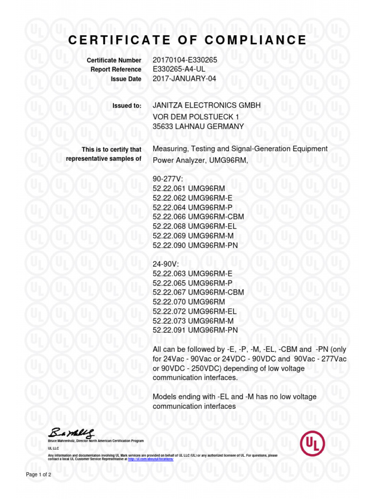 UL Compliance Certificate for UMG96RM | PDF | Electrical Engineering ...