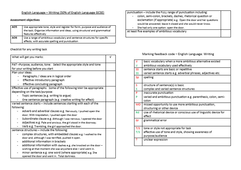 GCSE English Writing Assessment Guide | PDF | Punctuation | Sentence ...