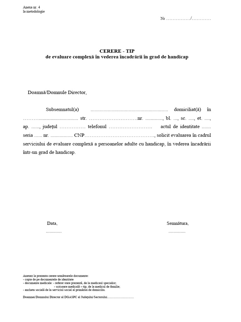 Cerere TIP de Evaluare Complexa in Vederea Incadrarii in Grad de ...