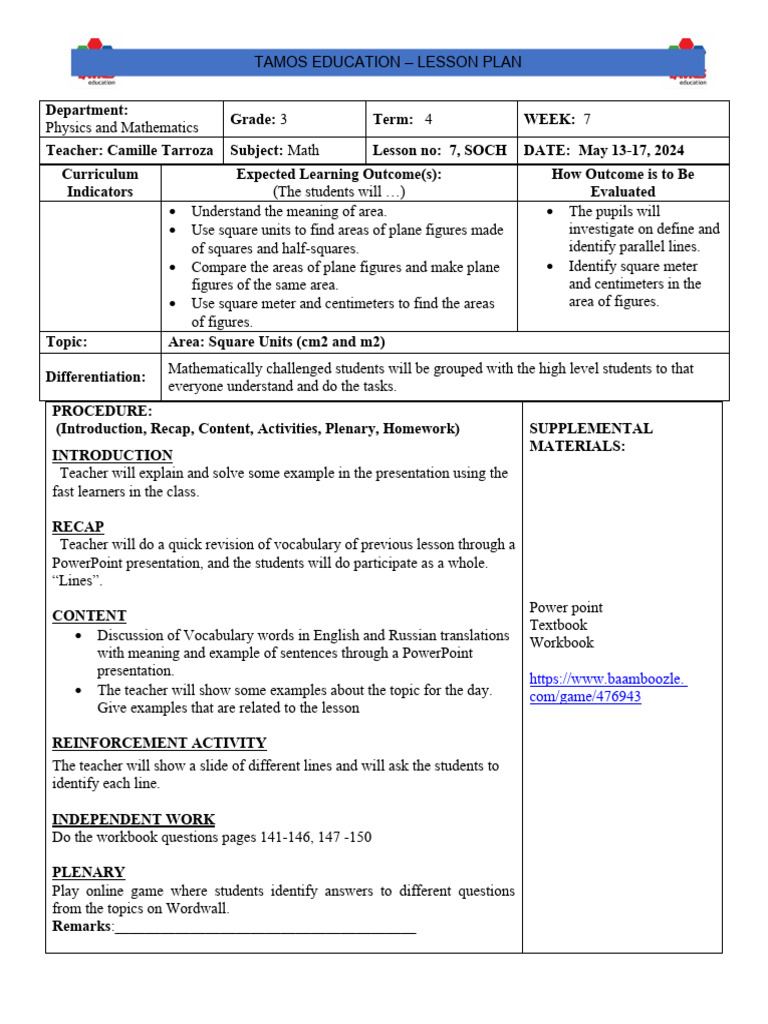 LP MATH 3.4.7 - Area and SOCH | PDF | Teachers | Mathematics