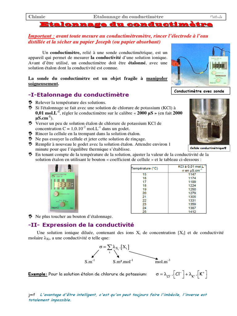 Étapes d'Étalonnage du Conductimètre PDF Conductivité électrique Ion — free download