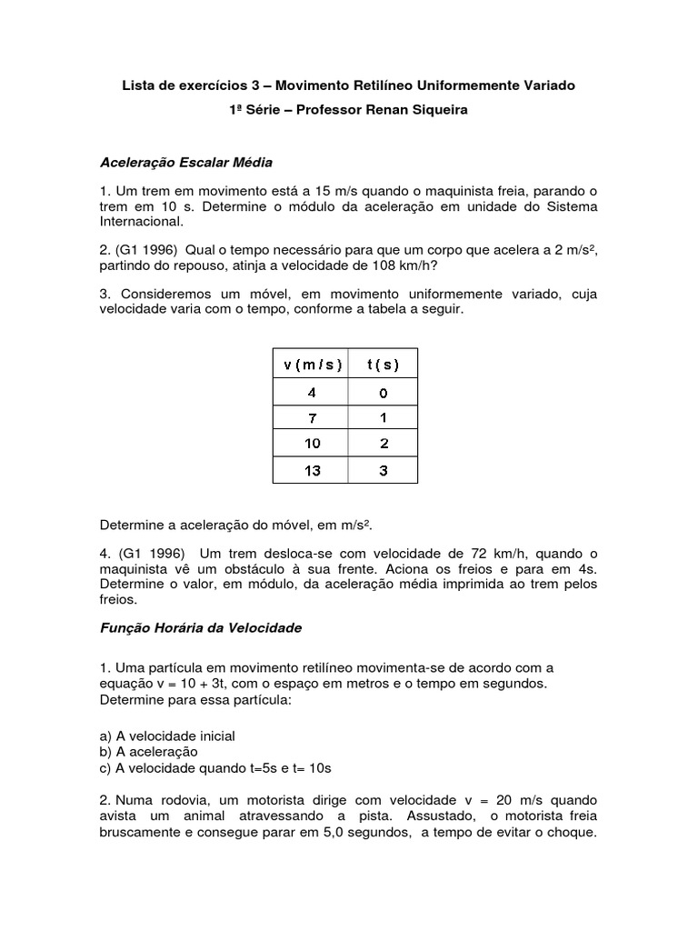 Lista de Exercícios 3 - Movimento Retilíneo Uniformemente Variado | PDF ...
