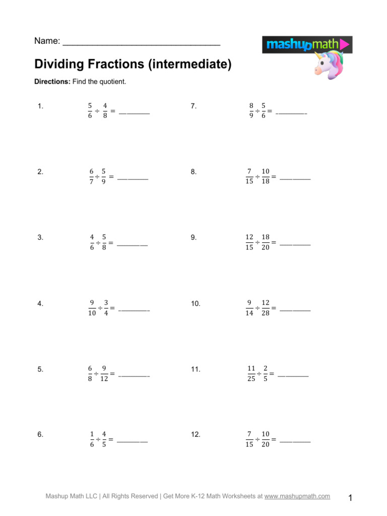 Dividing Fractions (Intermediate) (A) | PDF | Arithmetic | Division ...