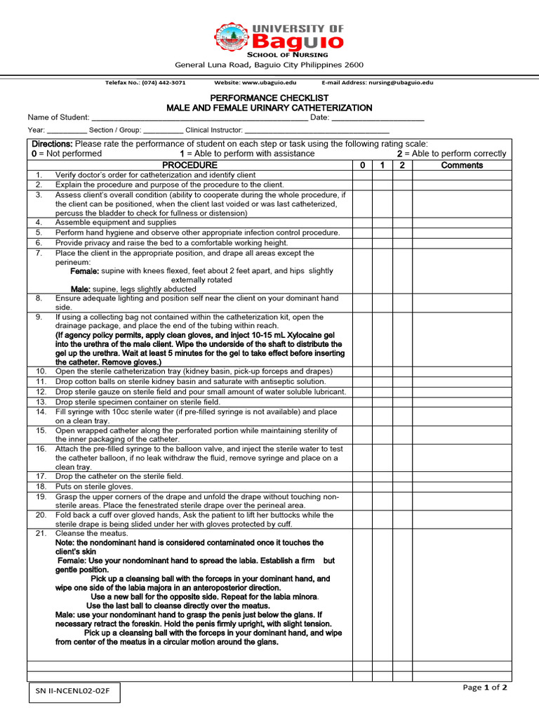 Urinary Catheterization Performance Checklist | PDF | Catheter | Labia