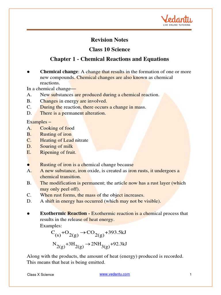 Cbse class 10 science notes chapter 1 chemical reactions and equations