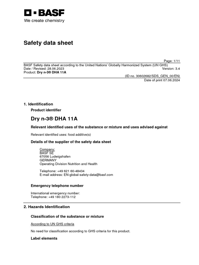 Dry+n-3+DHA+11A 30602682 SDS GEN 00 en 3-4 | PDF | Dangerous Goods ...
