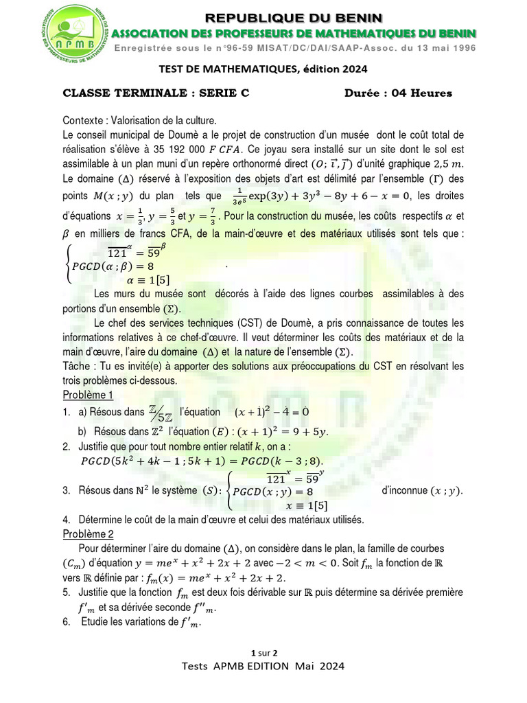Test de Mathématiques APMB 2024 | PDF | Mathématiques
