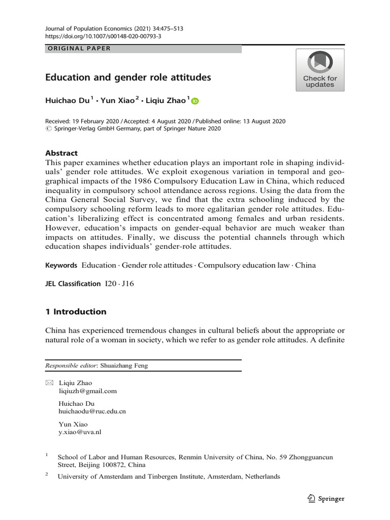 (2021) Du Etal Education and Gender Role Attitudes (JPopuEcon) | PDF ...