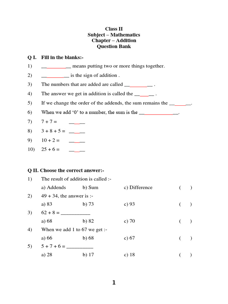 Addition Concepts for Class II | PDF | Mathematics