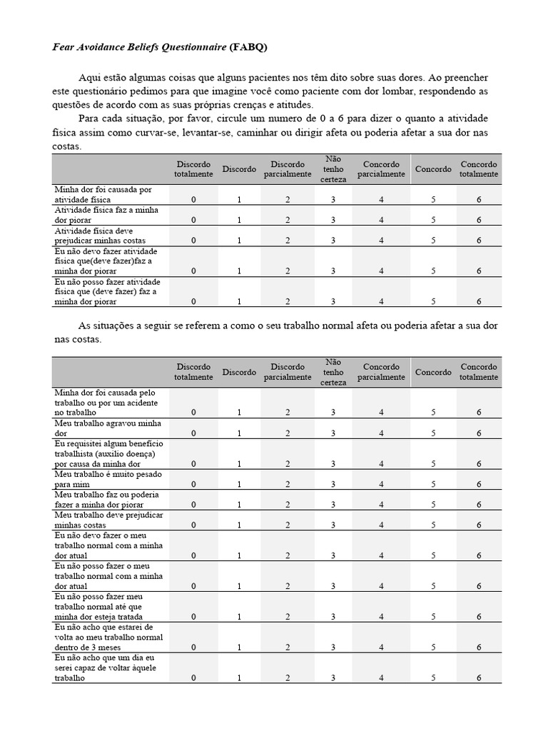 Fear Avoidance Beliefs Questionnaire (FABQ) | PDF | Dor