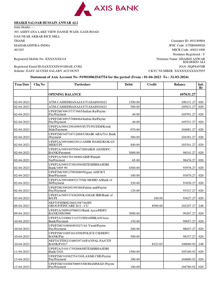 Axis Bank Statement Summary | PDF | Banking Technology | Finance ...