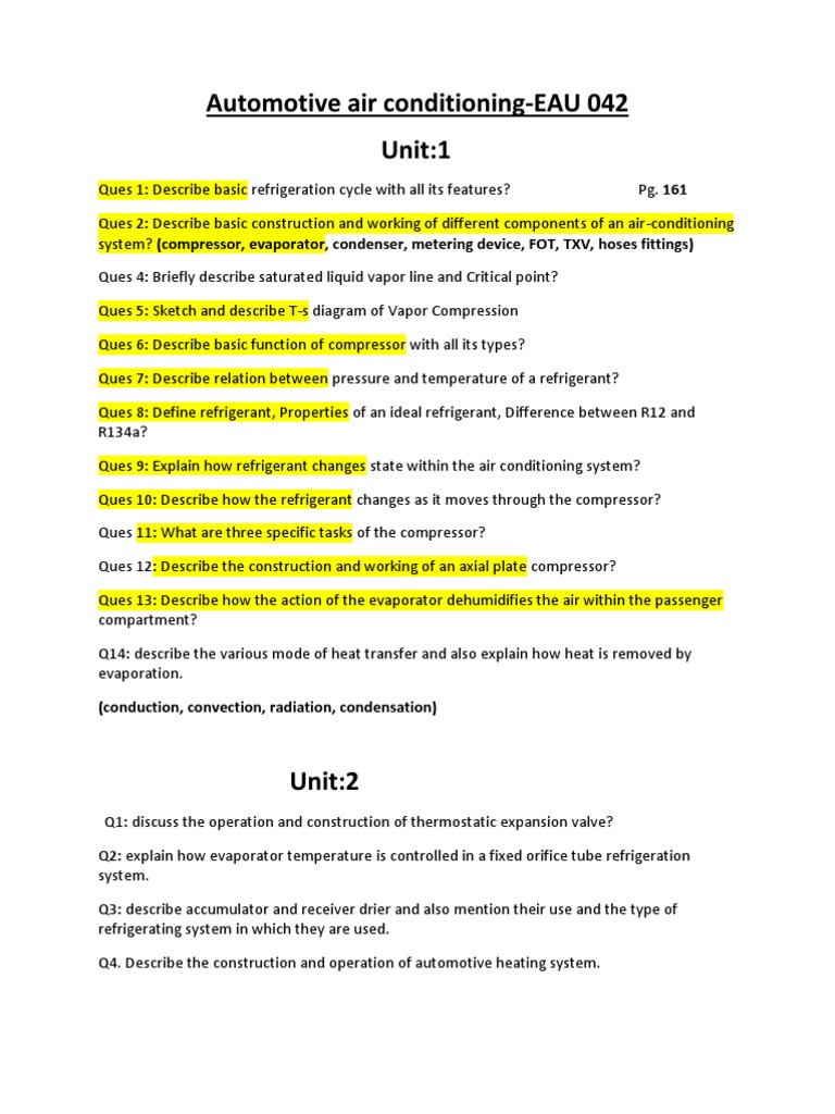 Question Bank For Air Conditioning PDF Hvac Air Conditioning