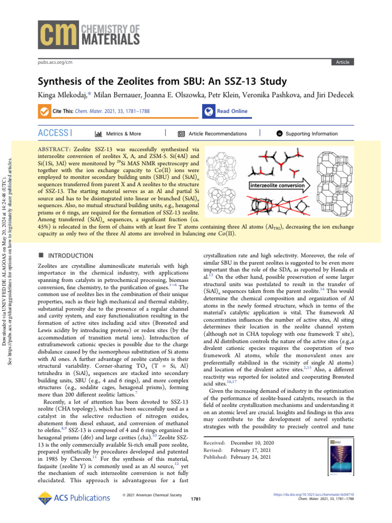 Synthesis of SSZ-13 Zeolite from SBU | PDF | Zeolite | Nuclear Magnetic ...