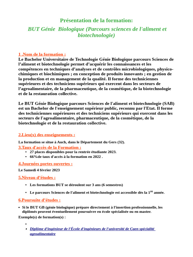 BUT Génie Biologique : Parcours SAB | PDF | Biotechnologie | Ingénieur