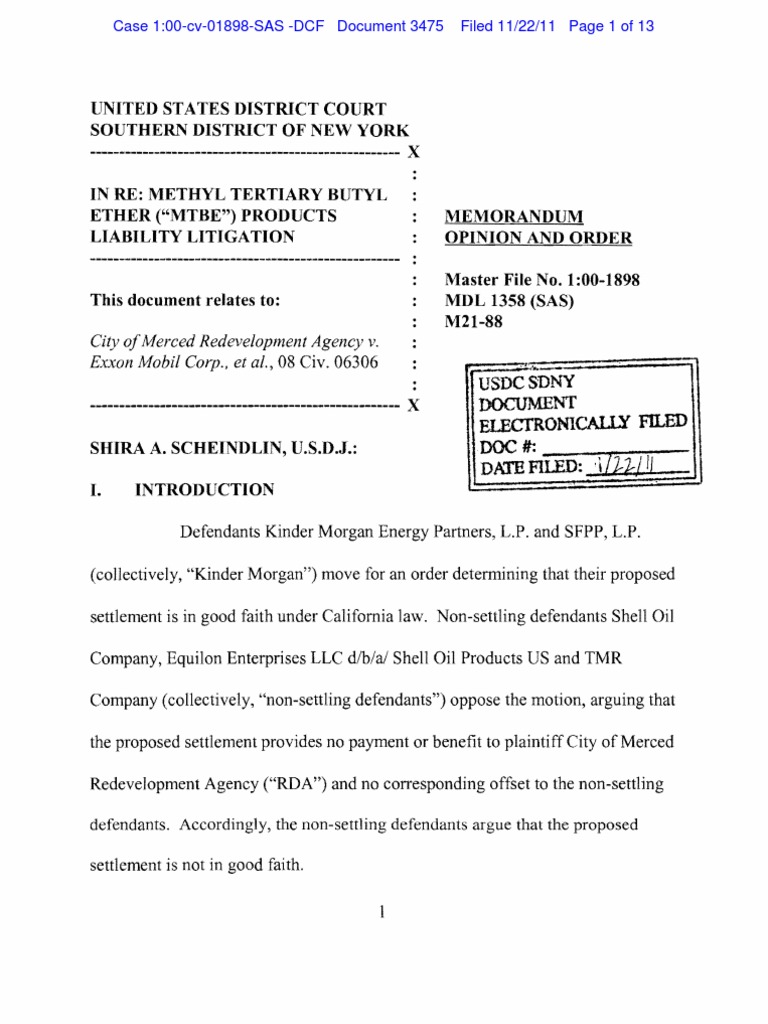 Good Faith Settlement Re Shell and Kinder Judge Scheindlin Https Ecf