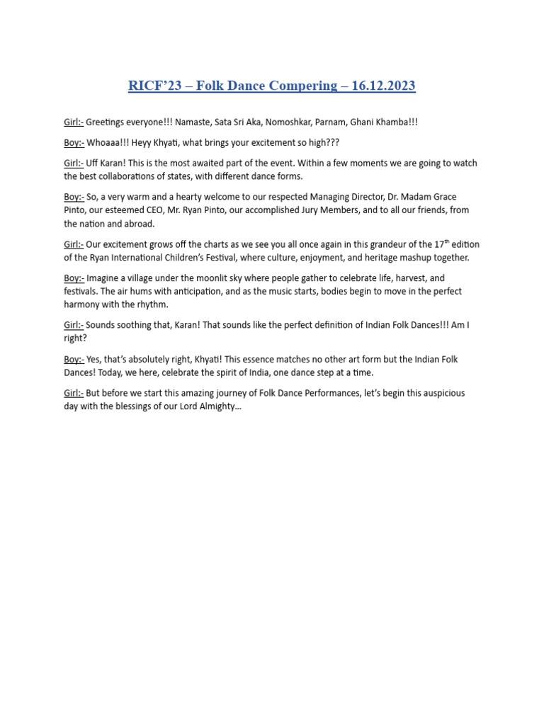 RICF - Folk Dance Compering | PDF | Entertainment | Performing Arts