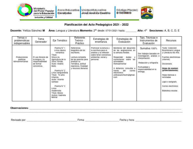 Lengua y Literatura Planificación de Lapso y Evaluación 4to Año Segundo ...