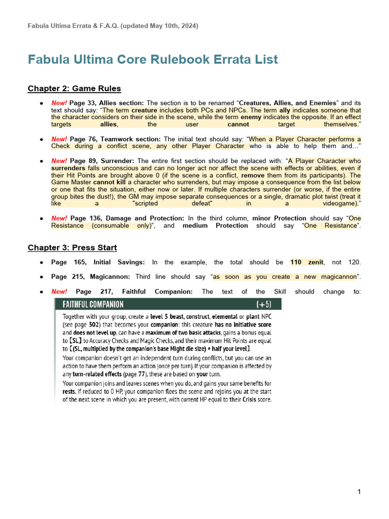 Fabula ultima errata f a q eng core rulebook updated may 10th 2024