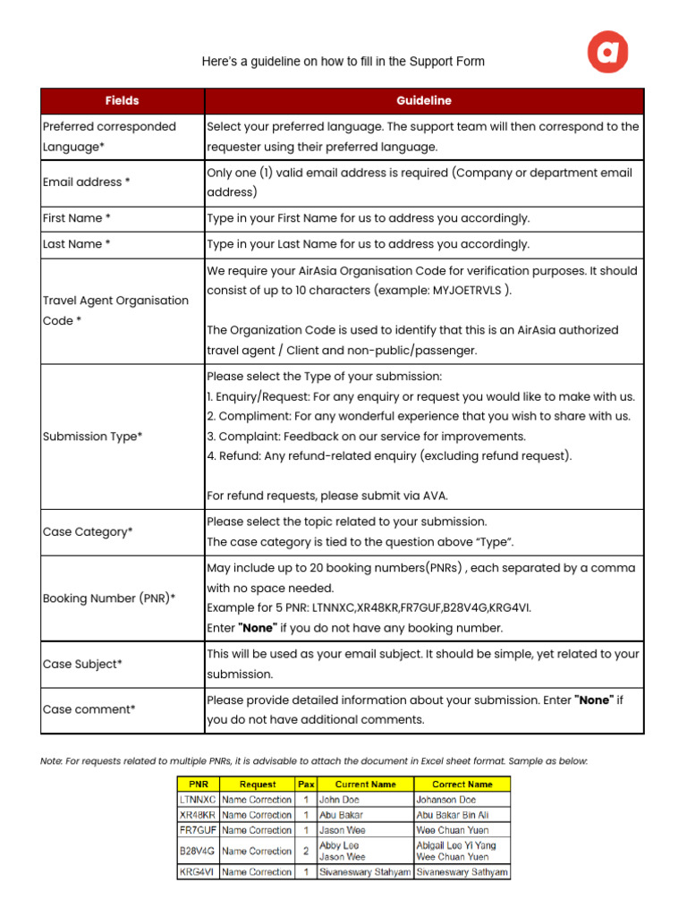 AirAsia Support Form Guidelines | PDF