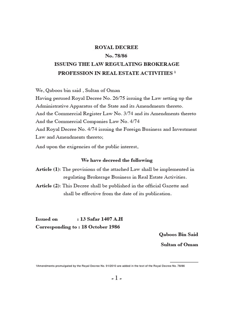 Royal Decree on Real Estate Brokerage | PDF | Oman | Lease
