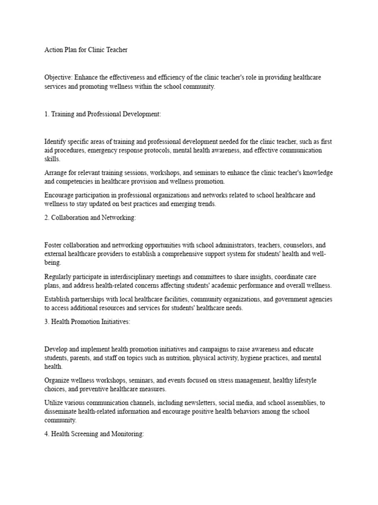 Action Plan for School Clinic Teacher | PDF | Health Care | Emergency