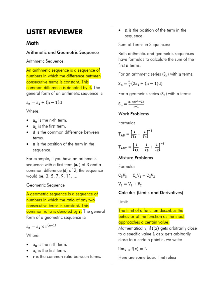 Ustet Reviewer - Math | PDF | Trigonometric Functions | Logarithm