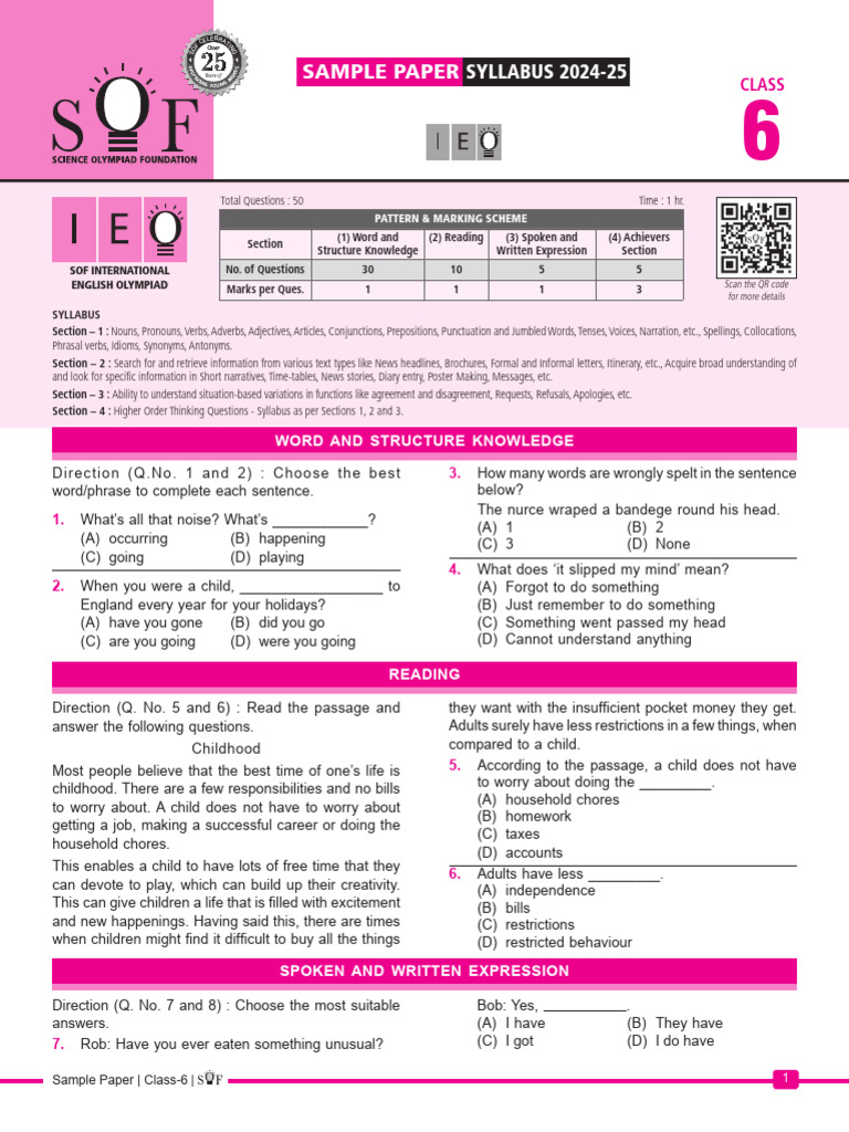 Class 6 English Olympiad Sample Paper | PDF | Verb | Word