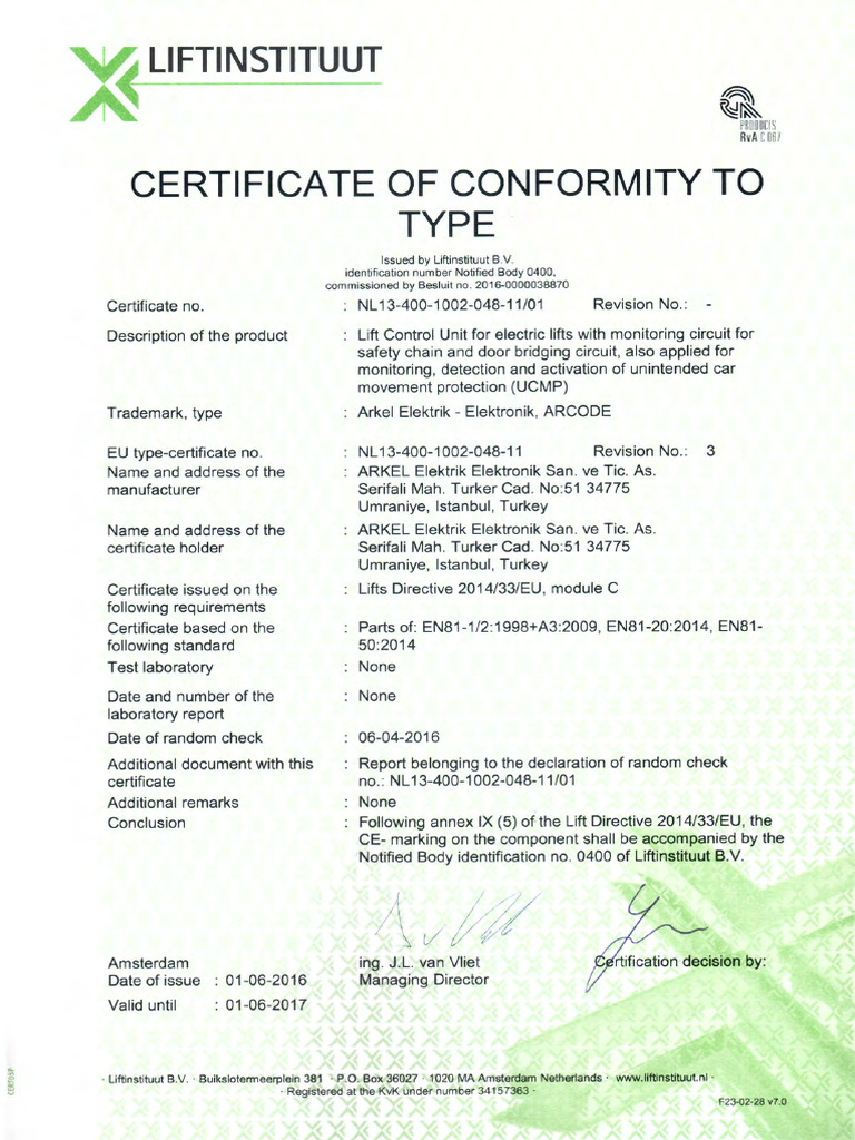 ARCODE Certificate of Conformity To Type | PDF