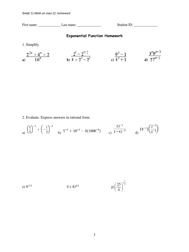 Grade 11 Exponential Function Homework | PDF
