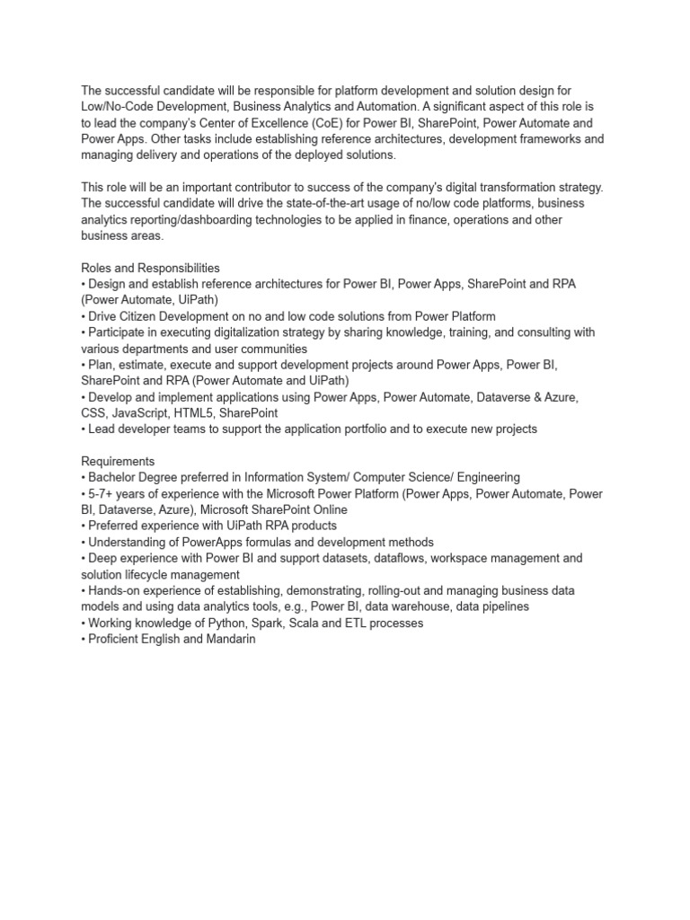 Power Platform Development Lead Role | PDF | Business | Computers