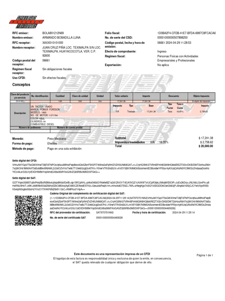 FACTURA TRACTOR | Descargar gratis PDF | Factura | Economias
