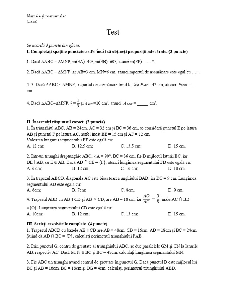 Test Clasa A 7 A | PDF
