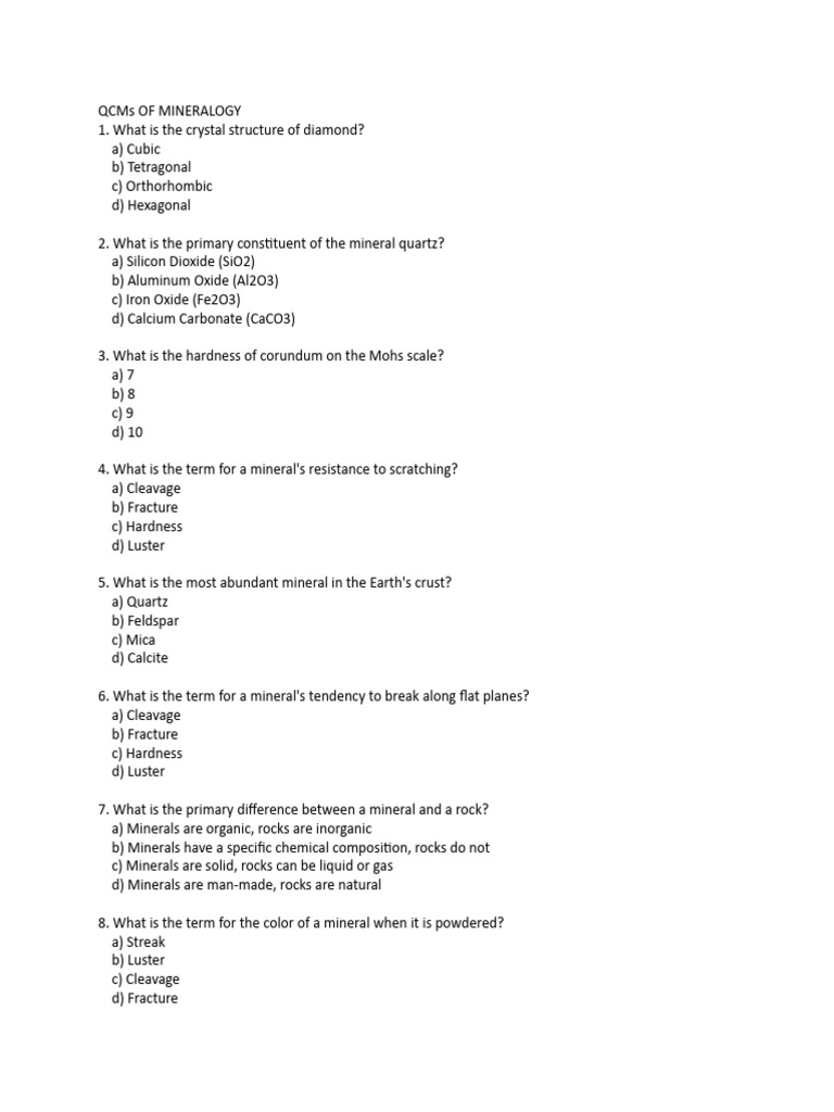 MCQs OF MINERALOGY PDF