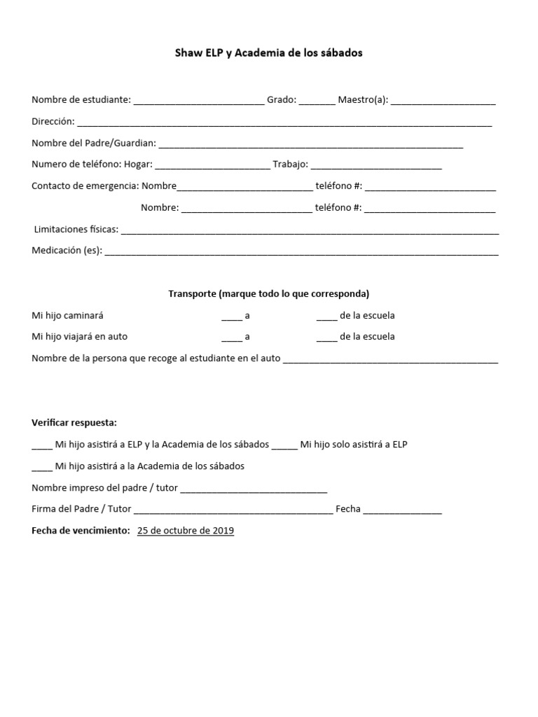 ELP and Saturday Academy Spanish Form | PDF