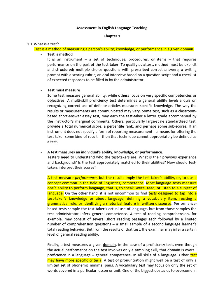 Chapter I Assessment In English Language Teaching Download Free Pdf
